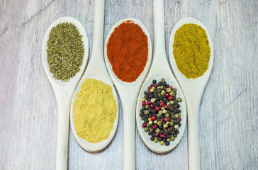 Spices on wooden spoon