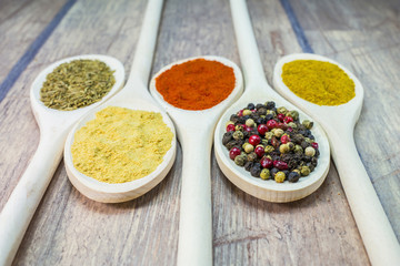 Spices on wooden spoon