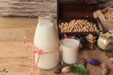 Soy milk with soybean seed.