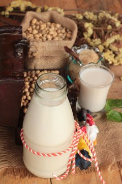 Soy milk with soybean seed.