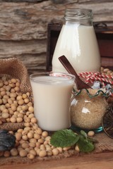 Soy milk with soybean seed.
