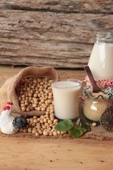 Soy milk with soybean seed.