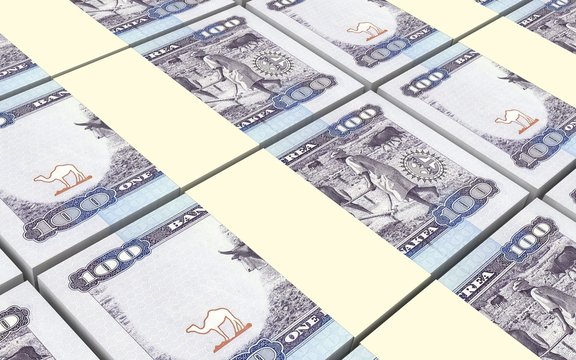 Eritrean nakfa bills stacked background. Computer generated 3D photo rendering.