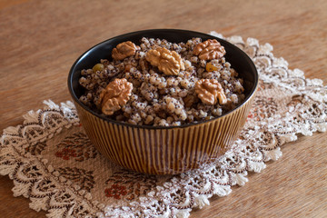 Kutia is a sweet grain pudding, traditionally served in Ukraine, Belarus and some parts of Poland. Kutia is often the first dish in the traditional twelve-dish Christmas Eve.