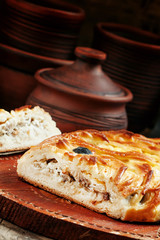 Pie with fish and egg, selective focus