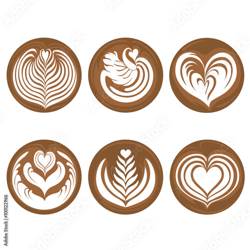 "Coffee Latte Art Logo Icon Rosetta, Swan, Heart, Tulip, Tree Set