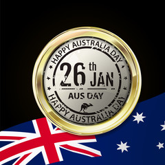 Australia day stamp in gold emblem with shine and reflection. Gr