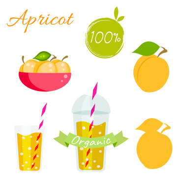 Apricot fruit and juice cup to go vector set. Apricot fruit with leaf in bowl. Apricot logo. Apricot juice or jam branding set. Apricot silhouette for package. Organic apricot.
