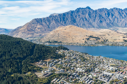 View to Queenstown ,lake Wakatipu and Remarkables mountain, Otago, New Zealand