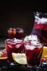 Spanish sangria with fruit and ice, selective focus