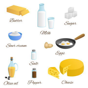 Food milk egg butter cheese olive oil sour cream salt pepper sugar set illustration vector