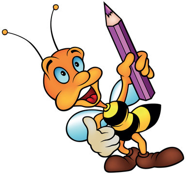 Wasp holding Pencil - Colored Cartoon Illustration, Vector