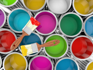 metal paint cans with colorful paint and paintbrush, painting concept. 3d illustration