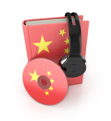 Chinese language learning concept with cd, book and headphones. 3d render. Audio Book
