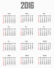 Calendar for 2016 - week starts with sunday