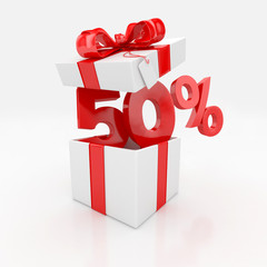 50% price off with gift box. sale concept. 3d illustration