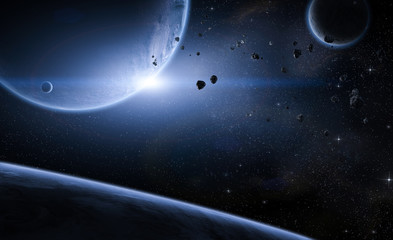 Fototapeta premium Space scene with planets and meteors