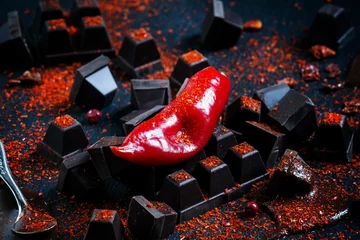Foto op Canvas Red hot chili pepper, dark chocolate pieces, chocolate sauce, gr © 5ph