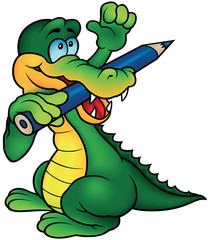 Naklejka premium Crocodile Painter with Hand Up - Colored Cartoon Illustration, Vector