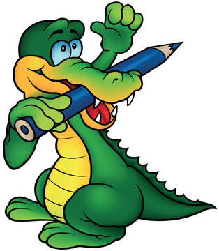 Crocodile Painter with Hand Up - Colored Cartoon Illustration, Vector