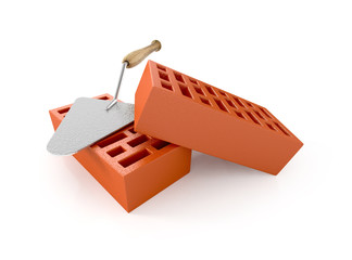 two bricks with trowel on white background. 3d illustration