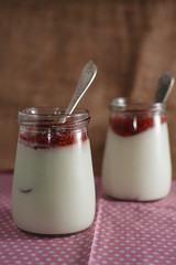 Panna cotta with raspberry jam.