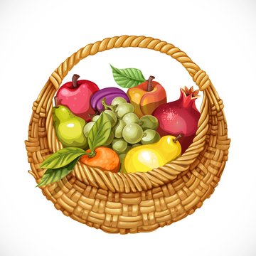 Realistic Round Wicker Basket Filled With Fruits Pomegranate, Gr