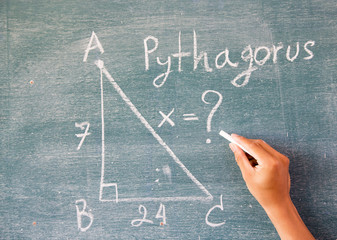Maths written by white chalk on the blackboard background - obrazy, fototapety, plakaty
