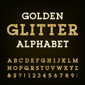 Golden Glitter Alphabet Vector Font. Letters, Numbers And Symbols.Vector Typography For Labels, Headlines, Posters Etc.