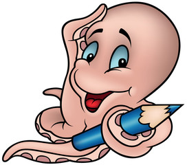 Smiling Octopus with Blue Pencil - Colored Cartoon Illustration, Vector