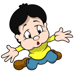 Boy Kneeling And Gesture Why - Cartoon Illustration, Vector