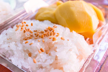 Fototapeta na wymiar Thai style tropical dessert, glutinous rice eat with mangoes,selected focus