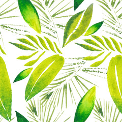 Exotic tropical leaves. Seamless, hand painted, watercolor pattern. Vector background. - 100136557