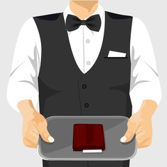 waiter holding a tray with a check on it