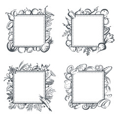 monochrome set of frames with fruits, vegetables, bakery and spices