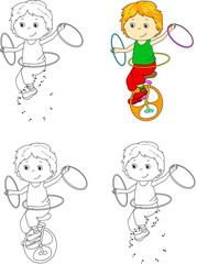 Boy riding an unicykle and juggling. Vector illustration. Colori