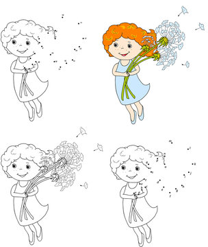 Girl flying with dandelions. Vector illustration. Coloring and d