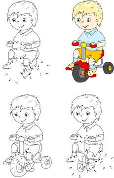 Boy riding a bike. Vector illustration. Coloring and dot to dot