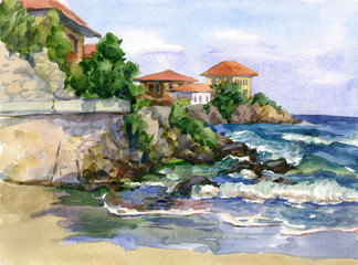 Watercolor landscape with houses