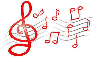 vector funny hand drawn music notes, treble clef, isolated red and grey sketch on white background