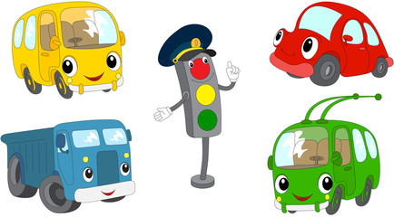 Set of cartoon bus, car, lorry, trolleybus and traffic lights