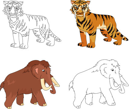 Cartoon mammoth and saber-toothed tiger. Educational game for ki