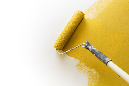 Paint Roller Applying Paint On White Wall, Home Improvements