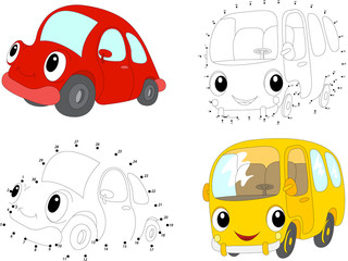 Cartoon red car and yellow bus. Vector illustration. Dot to dot