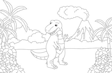 Funny cute tyrannosaurus on the background of a prehistoric natu