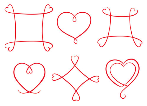 Hand drawn red frames with heart shape. Set of line copy spaces. Vector decorative design elements. Happy valentine day background. 