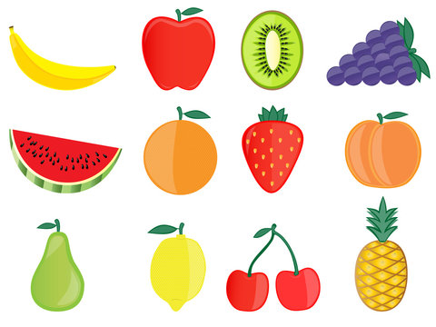 Twelve common fruits vector illustration set with banana, watermelon, pear, apple, orange, lemon, kiwi, strawberry, cherries, grapes, peach and pineapple isolated on white