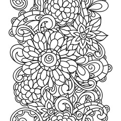 Seamless nature pattern with line flowers for adult coloring page printing and drawing