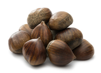 Heap of fresh chestnuts isolated on white background.