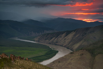 Dawn over the river Indigirka. View from above. Yakutia. Russia.